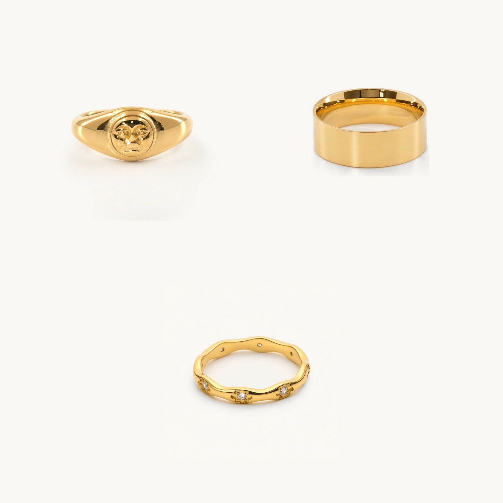 Atlas Ring Stack: Signet · plain band · crystal eternity ring