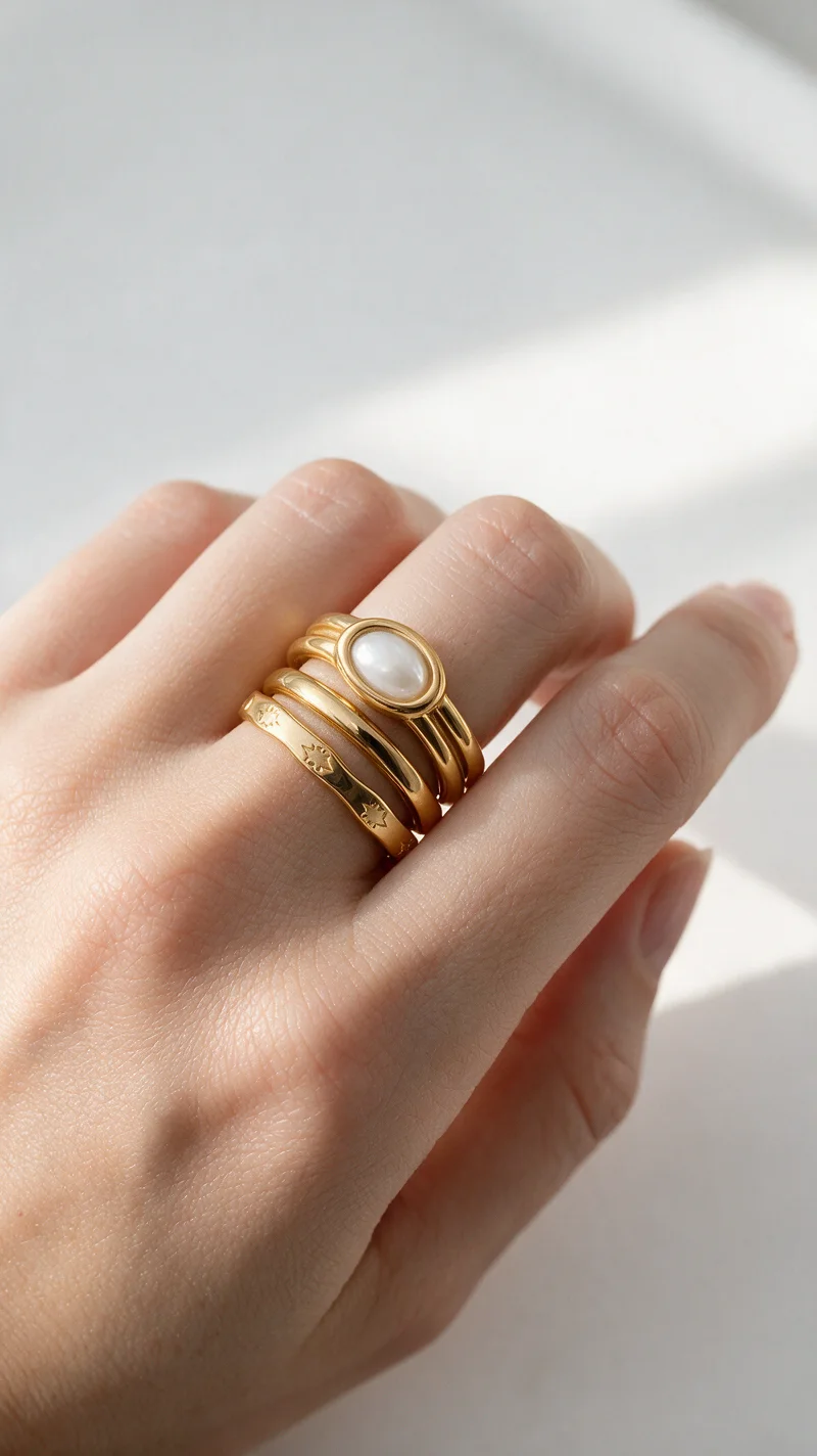 Gold rings stacked together on a hand