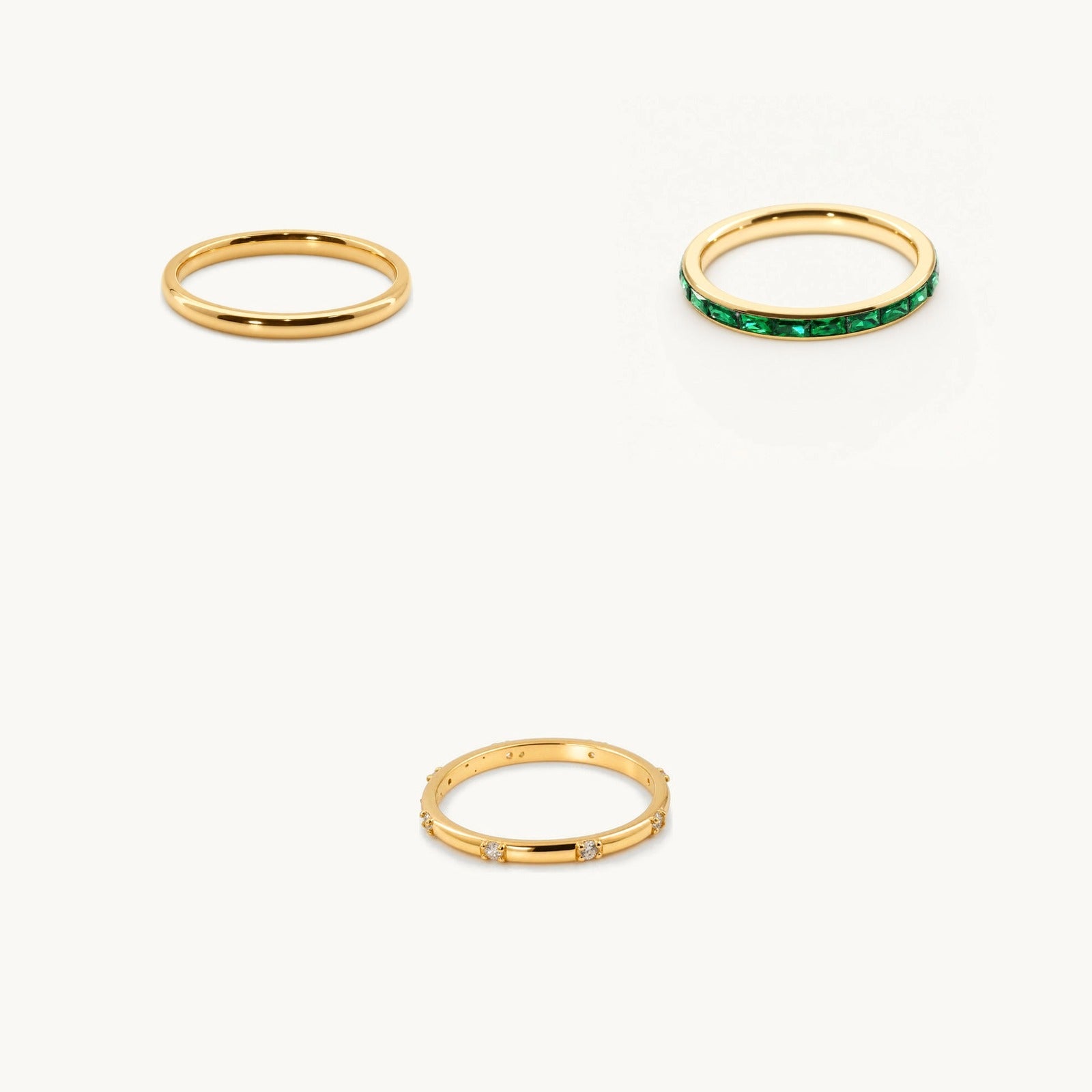 Ember Ring Stack: Slim band · emerald-toned band · CZ line ring